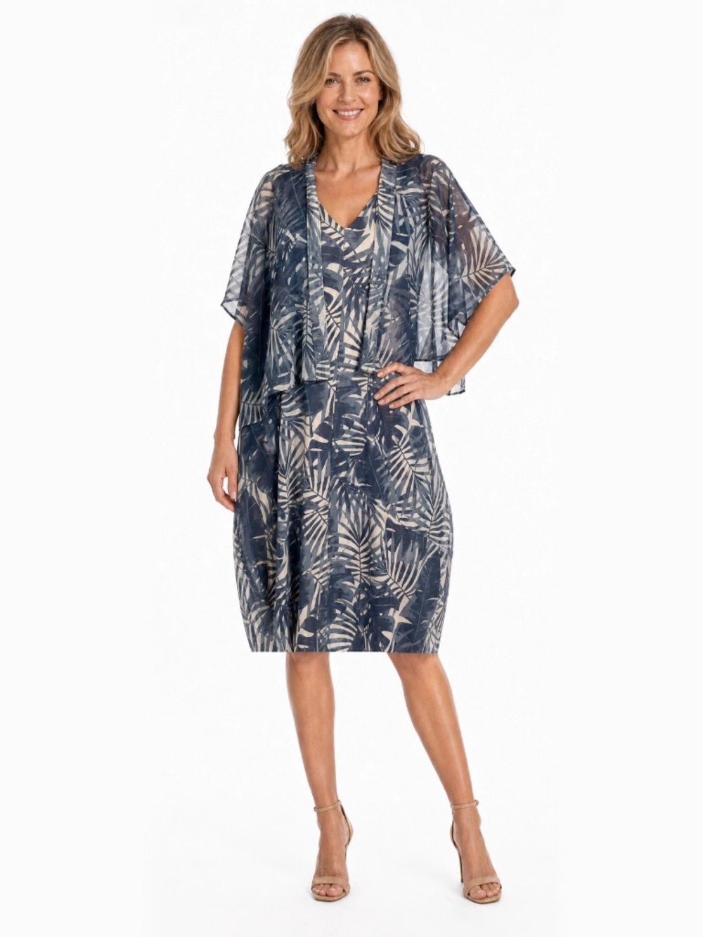 Marla Wynne Blue Botanical Print Balloon Dress & Chiffon Topper Set M/L NWOT